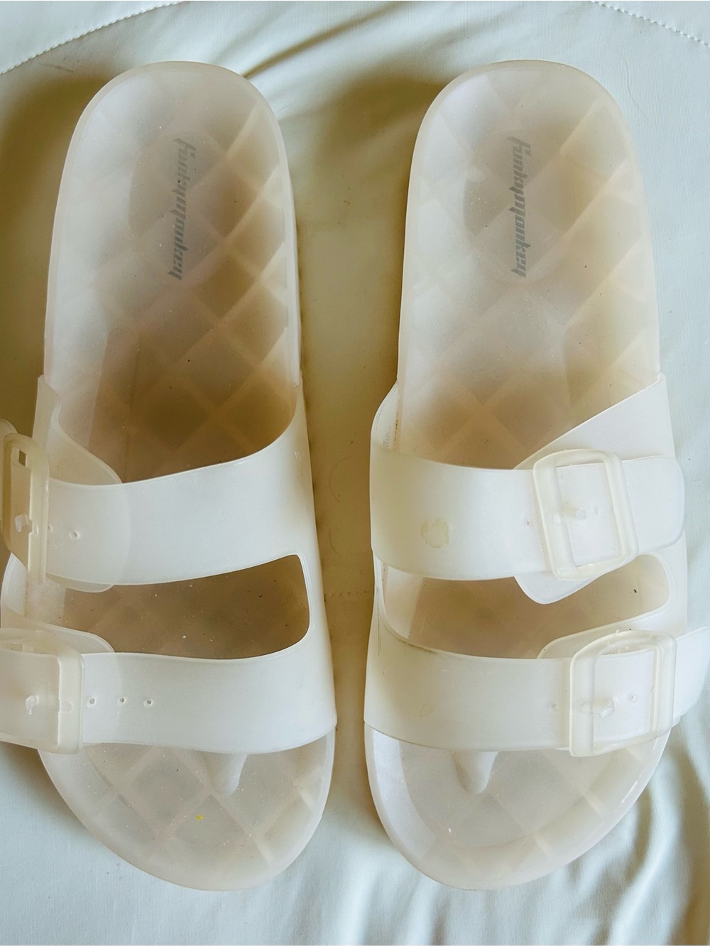 Women’s Translucent White Double-Buckle Slide Sandals